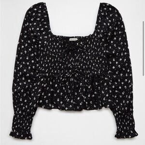 American Eagle Outfitters Black and White Smocked Ruffled Blouse
